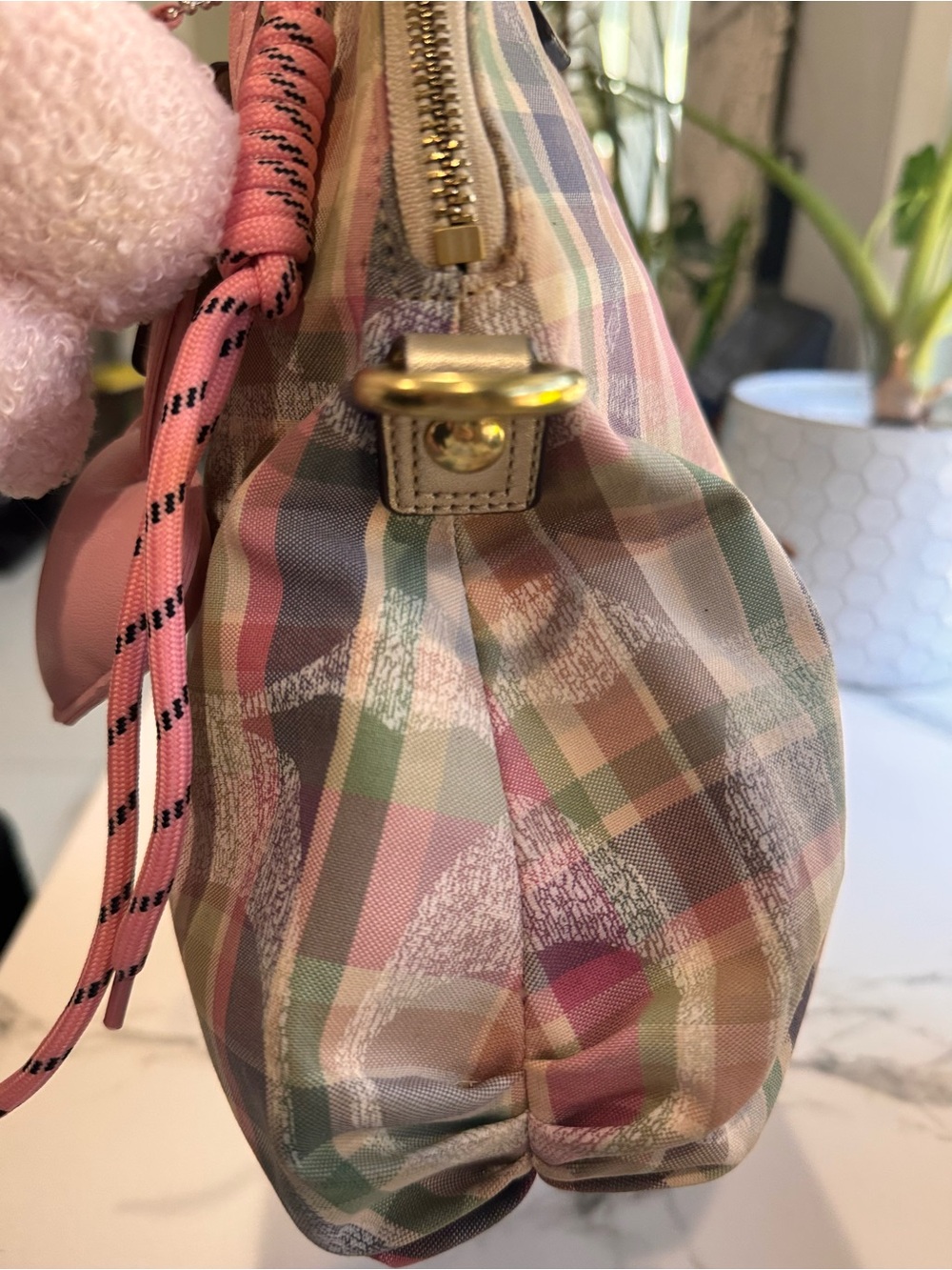 ❌SOLD Coach Multicolor Plaid Dome Satchel + Teddy Charm - Picture 3 of 12